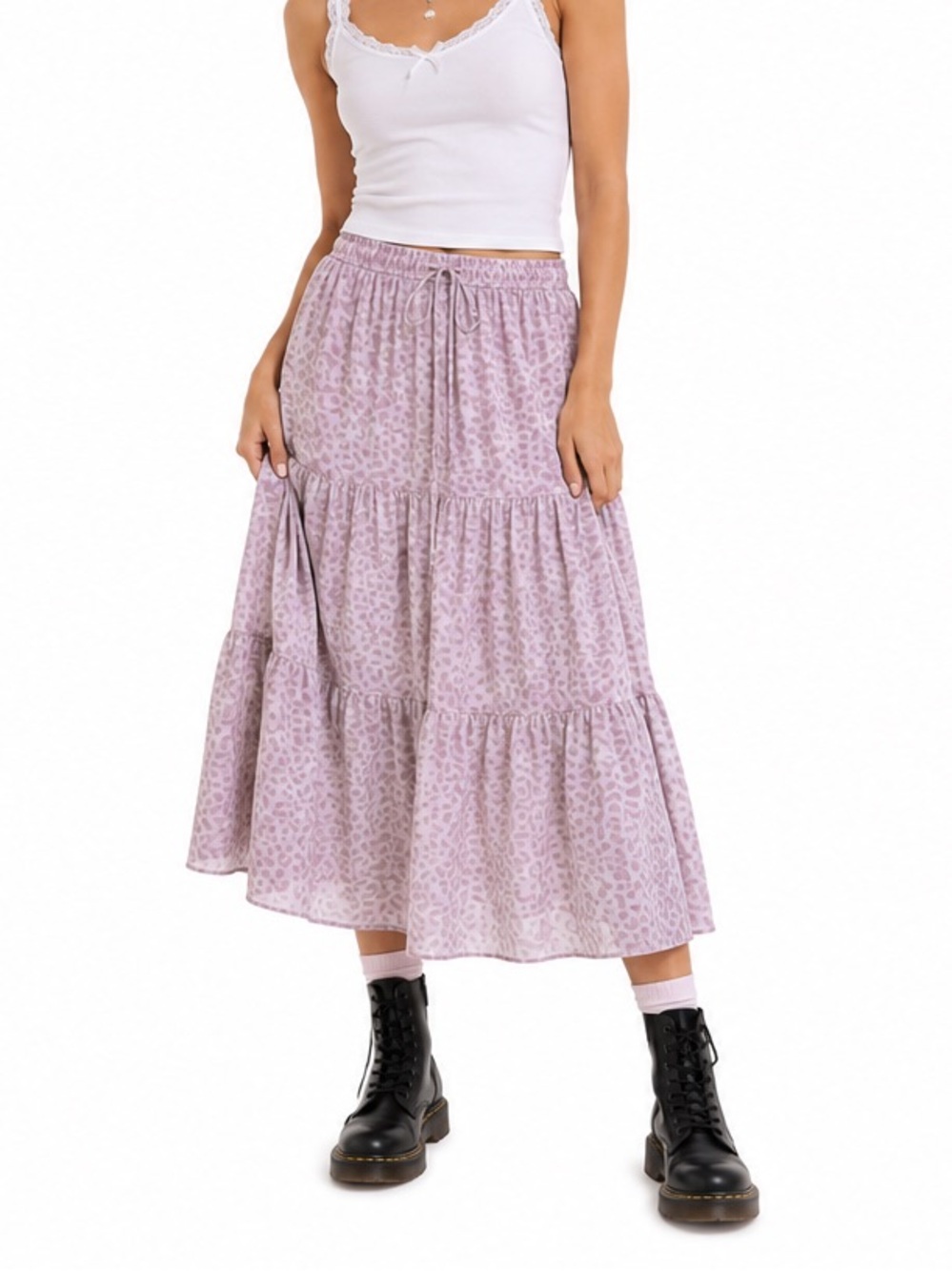 Aerie Pink Leopard Print Tiered Maxi Skirt XL Boho Cottagecore Pull On - Picture 1 of 8